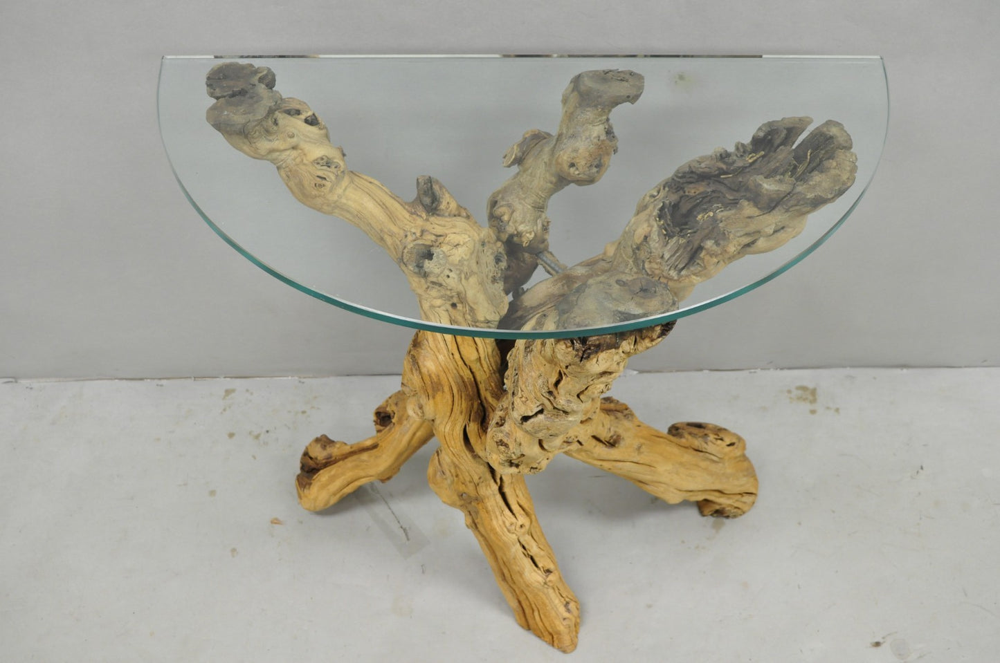 Vintage Mid Century Modern Natural Burl Driftwood Demilune Glass Console Table