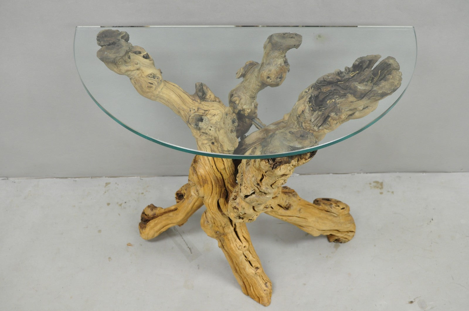 Vintage Mid Century Modern Natural Burl Driftwood Demilune Glass Console Table