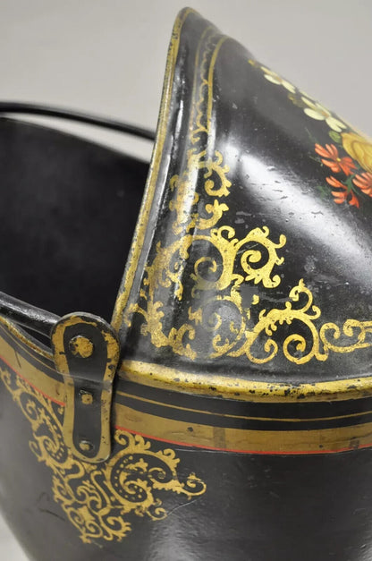 Antique Victorian Black Steel Hand Painted Flower Tole Metal Coal Scuttle Bucket