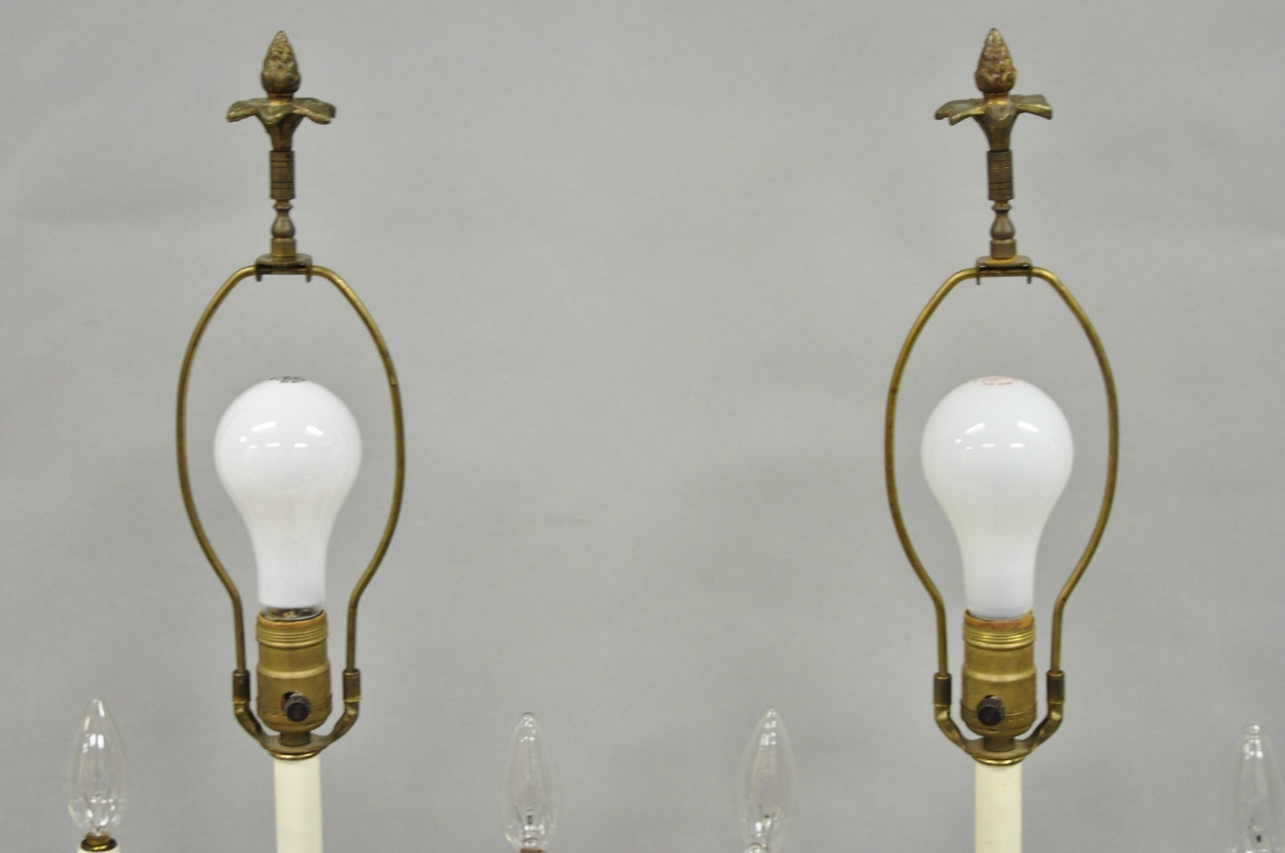Vintage French Louis XV Style Red Porcelain Brass Candelabra Table Lamps - Pair