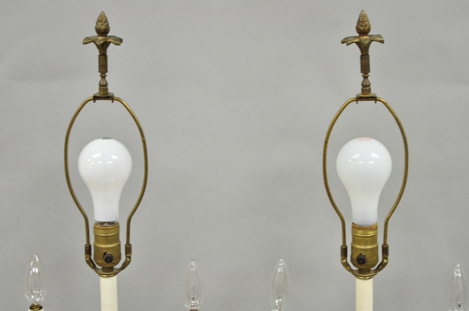Vintage French Louis XV Style Red Porcelain Brass Candelabra Table Lamps - Pair