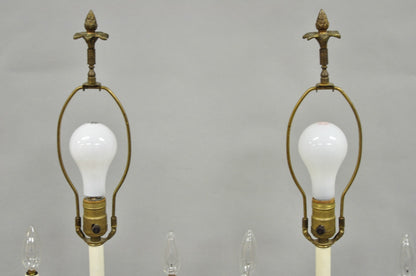 Vintage French Louis XV Style Red Porcelain Brass Candelabra Table Lamps - Pair