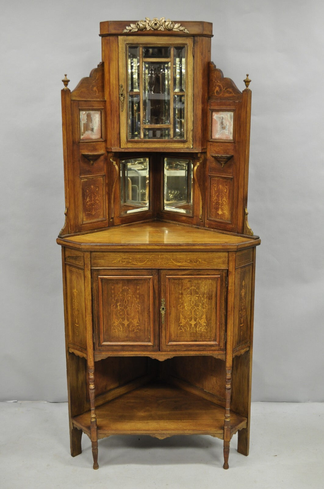 Antique French Victorian Inlaid Mahogany Corner China Cabinet Display Curio