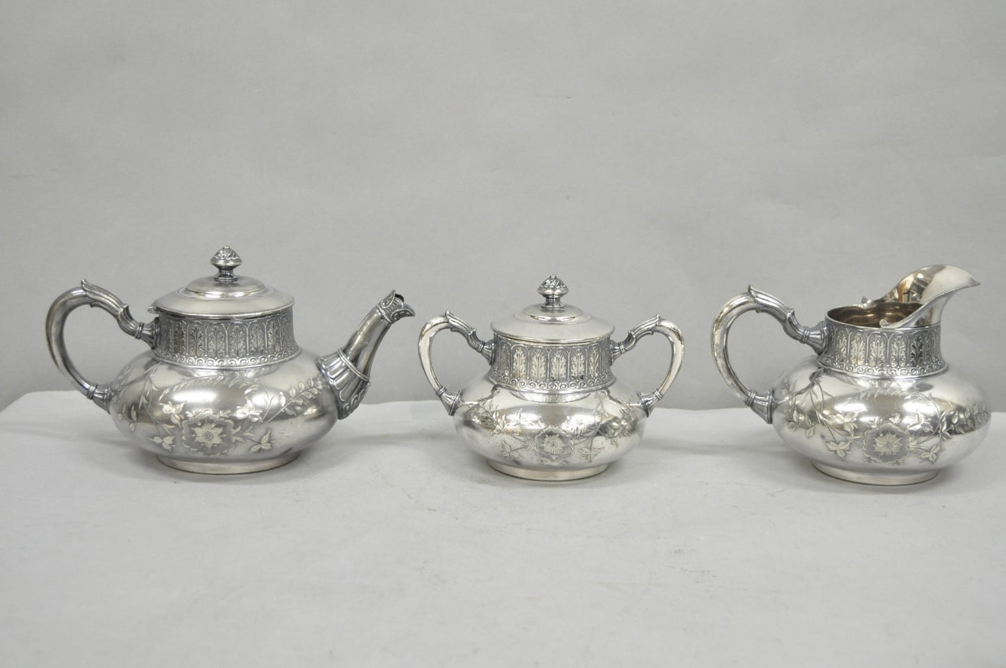 Antique James W Tufts 1948 Silver Plated Art Nouveau Tea Set - 5 Pc Set