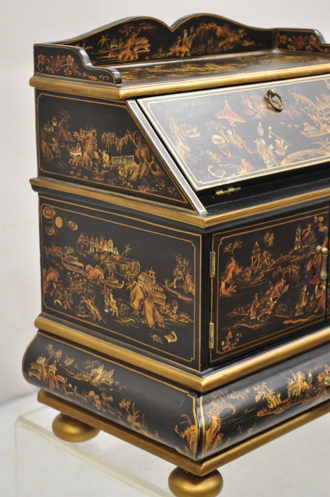 Decorative Chinoiserie Bombe Style Black Lacquer Oriental Jewelry Box