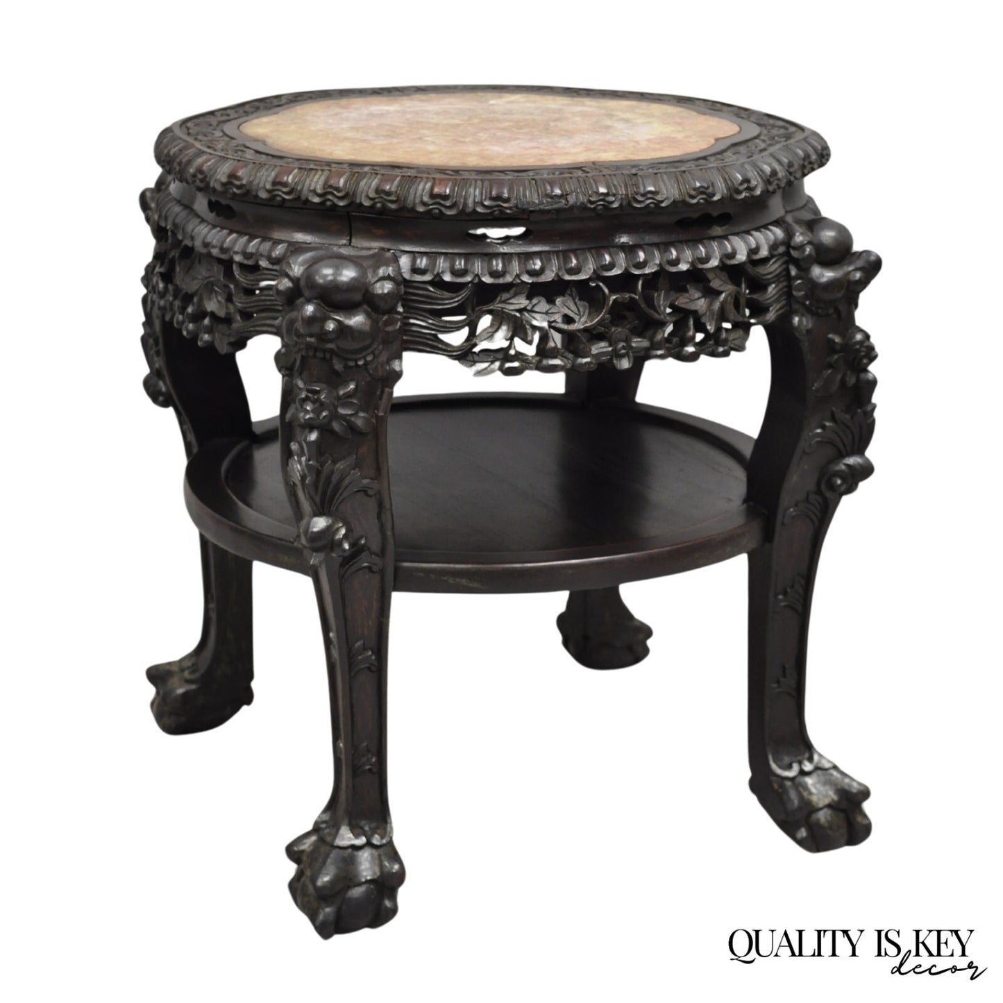 Antique Chinese Carved Hardwood Marble Top Pedestal Plant Stand Low Side Table