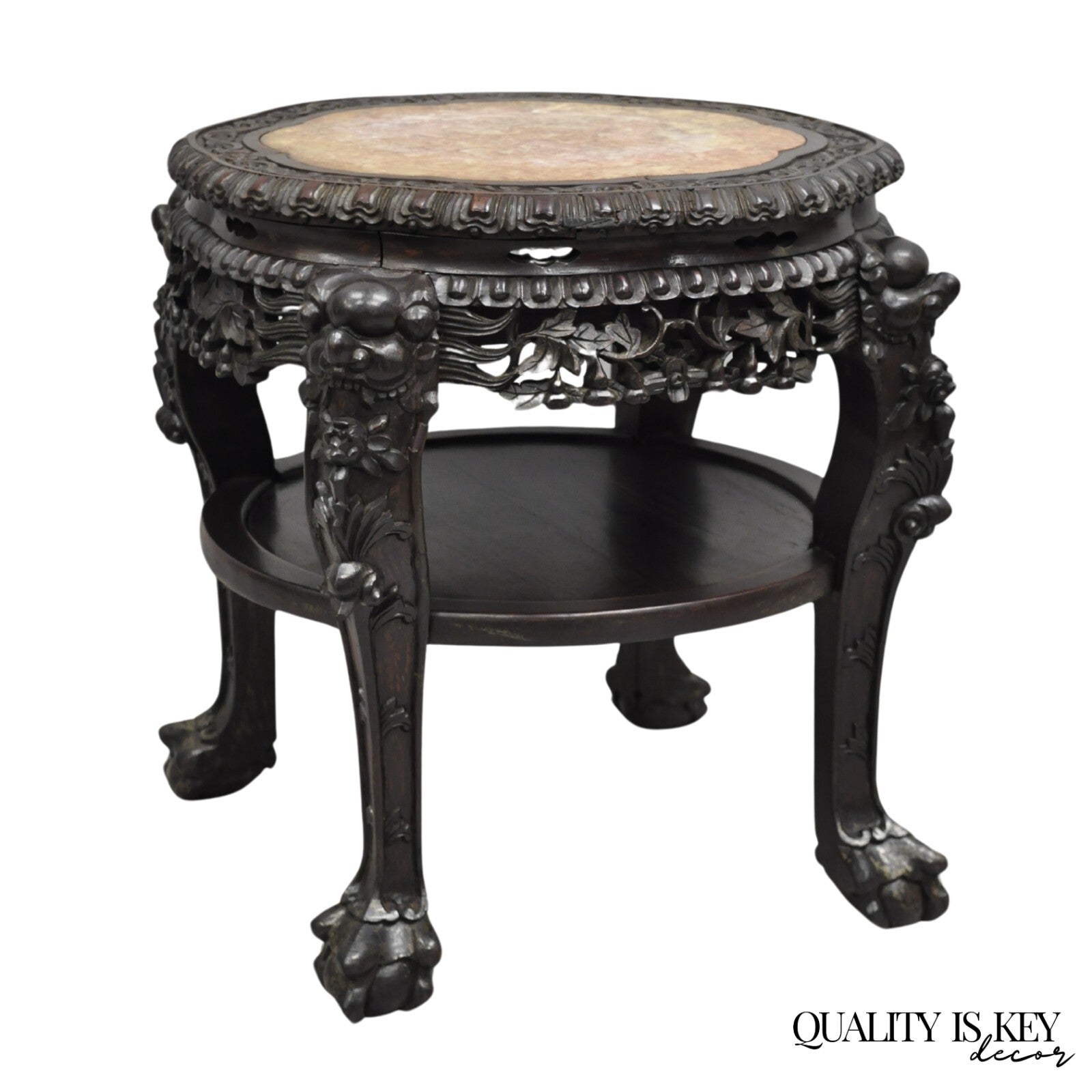 Antique Chinese Carved Hardwood Marble Top Pedestal Plant Stand Low Side Table