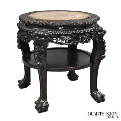 Antique Chinese Carved Hardwood Marble Top Pedestal Plant Stand Low Side Table