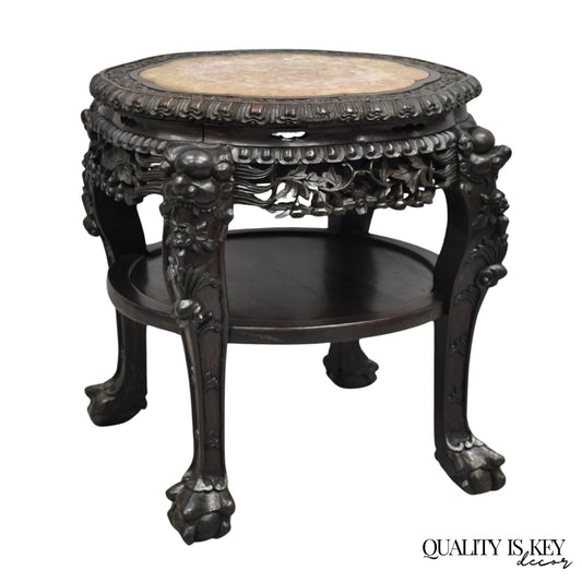 Antique Chinese Carved Hardwood Marble Top Pedestal Plant Stand Low Side Table