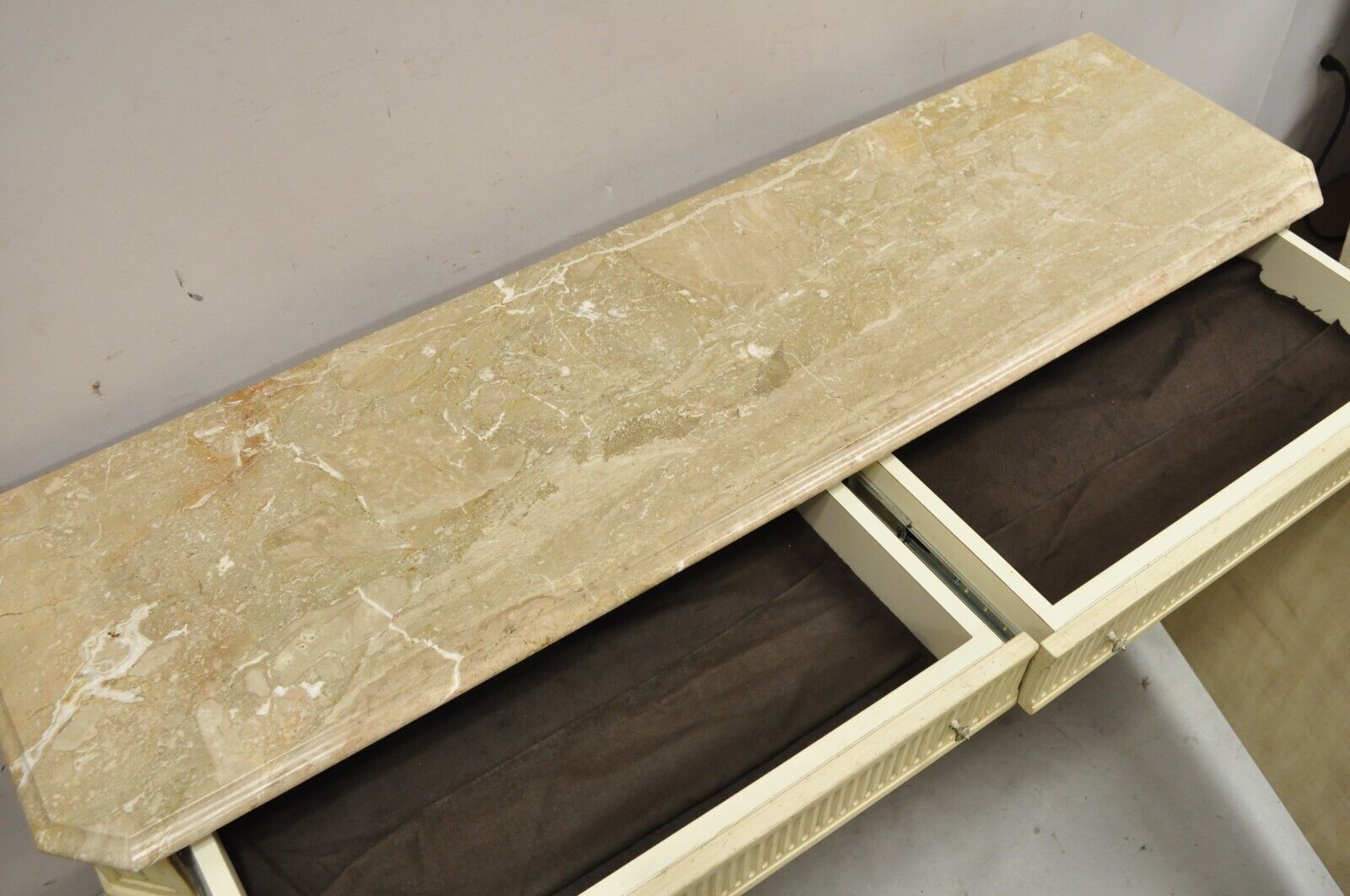 French Provincial Style Marble Top Cream Painted Sideboard Buffet Media Cabinet