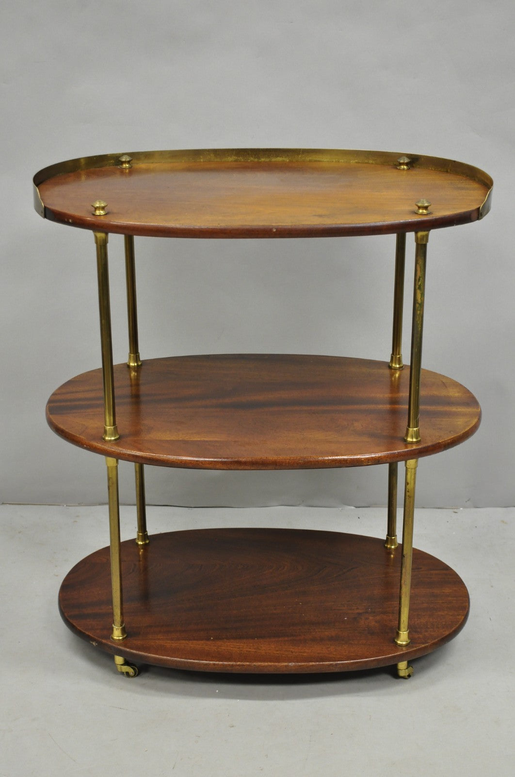 English Campaign Style Mahogany & Brass Oval 3 Tier Rolling Bar Cart Side Table
