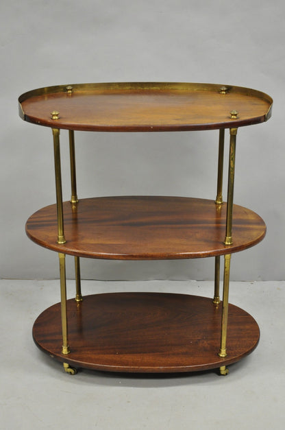 English Campaign Style Mahogany & Brass Oval 3 Tier Rolling Bar Cart Side Table