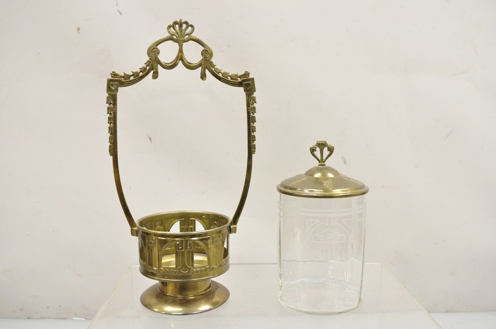 Antique German Art Nouveau Brass Metal Pickle Castor w/ Etched Glass Insert