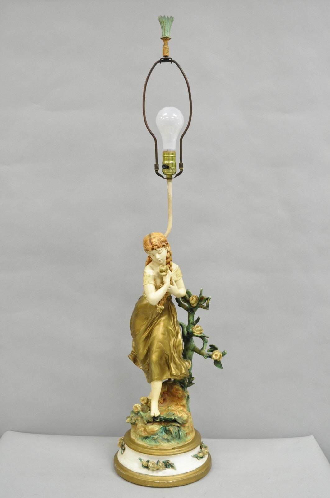 Antique L&F Moreau Spelter Metal Painted Figural "Young Girl" Table Lamp