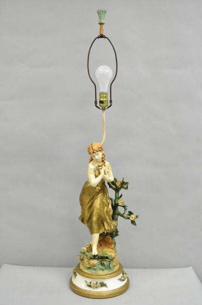 Antique L&F Moreau Spelter Metal Painted Figural "Young Girl" Table Lamp