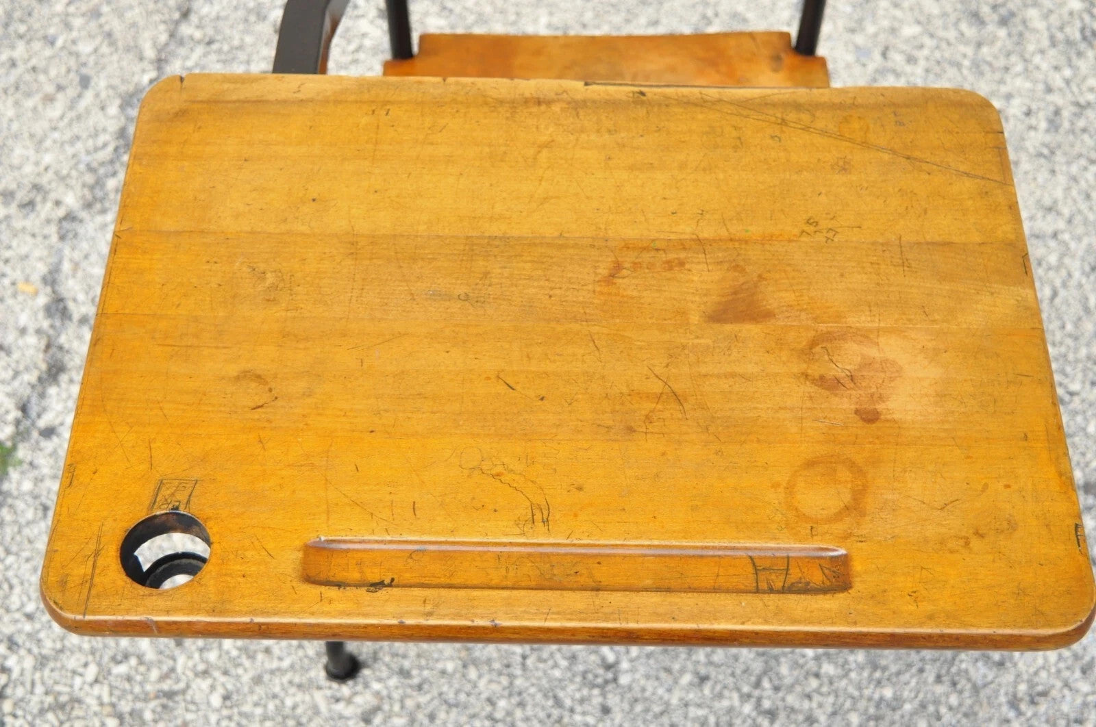 Antique American Industrial Iron and Maple Childs School Writing Desk
