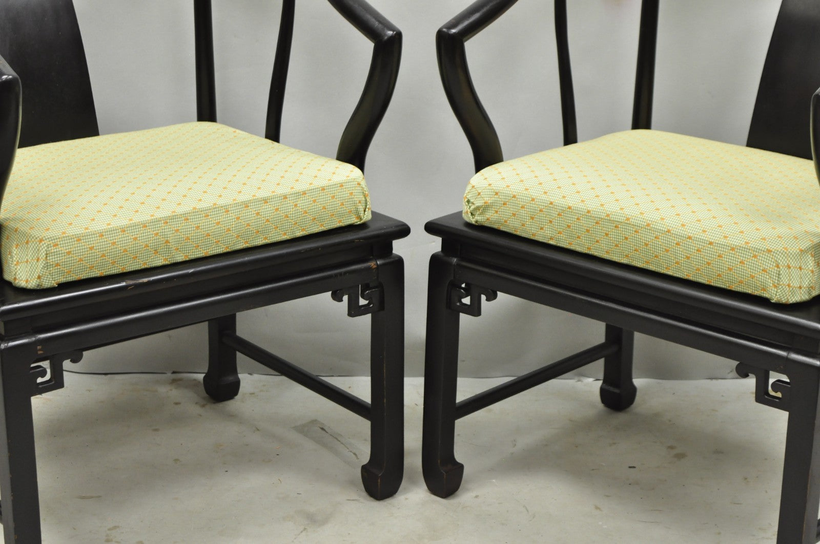 Vintage Oriental Ming Style Ebonized Horseshoe Lounge Chairs by Century (A) Pair