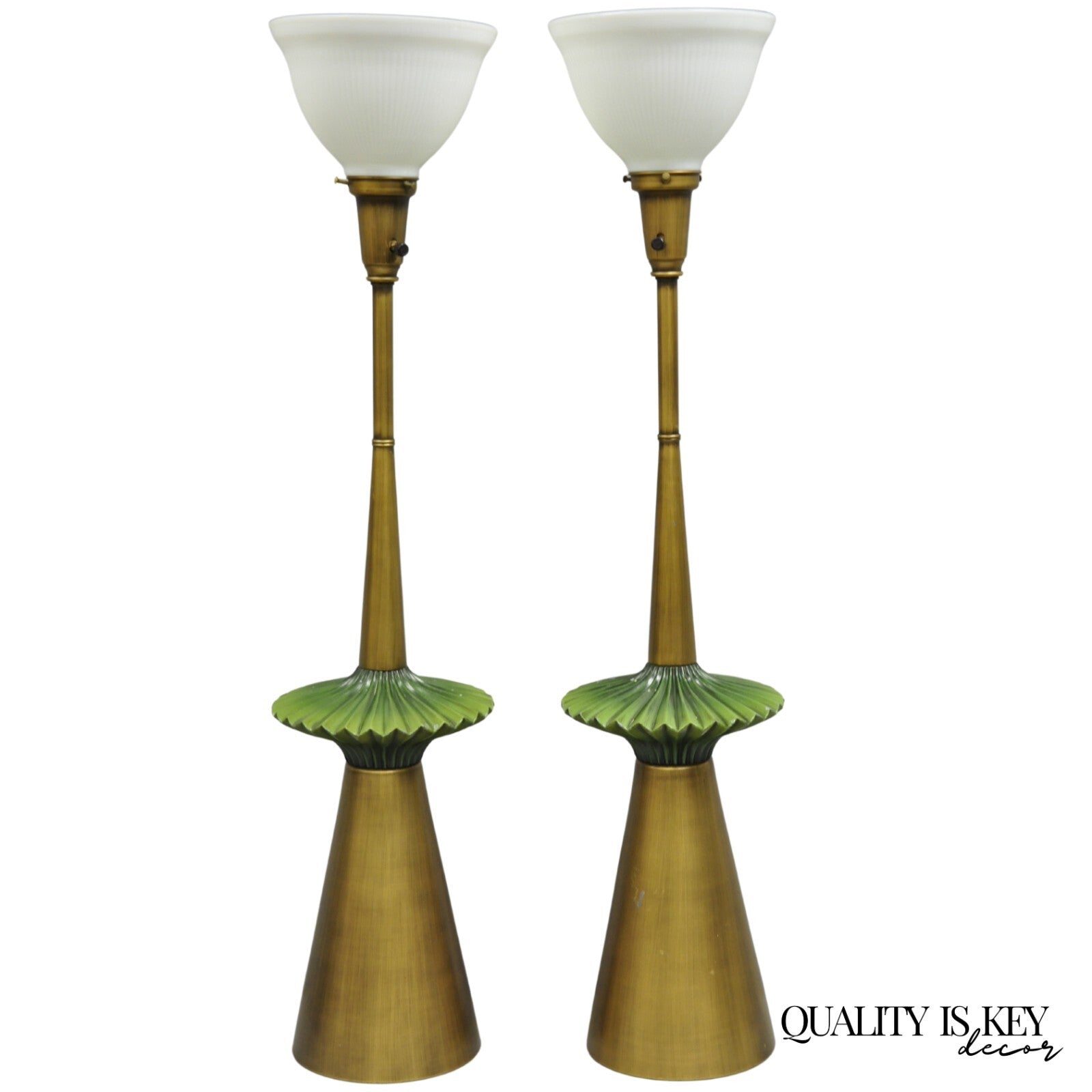 Vintage Mid Century Modern Atomic Era Green Flying Saucer Gold Table Lamp - Pair