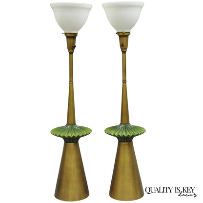 Vintage Mid Century Modern Atomic Era Green Flying Saucer Gold Table Lamp - Pair