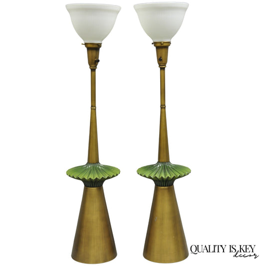 Vintage Mid Century Modern Atomic Era Green Flying Saucer Gold Table Lamp - Pair