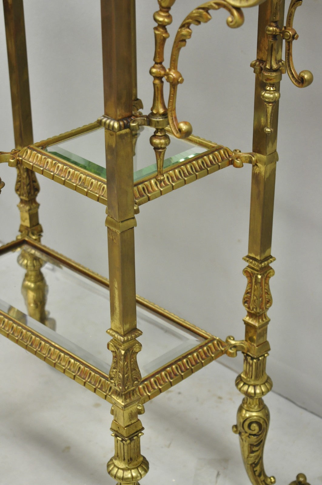 Antique Victorian Brass & Onyx Ornate Tiered Etagere Curio Display Stand Shelf