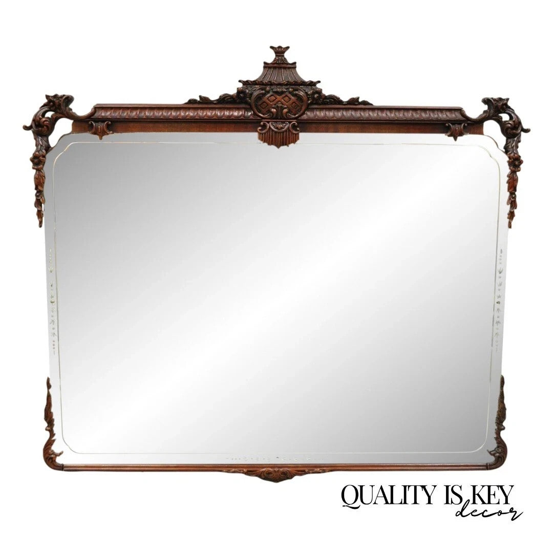 Vintage Chinese Chippendale Carved Mahogany Pagoda Frame Large Wall Mirror