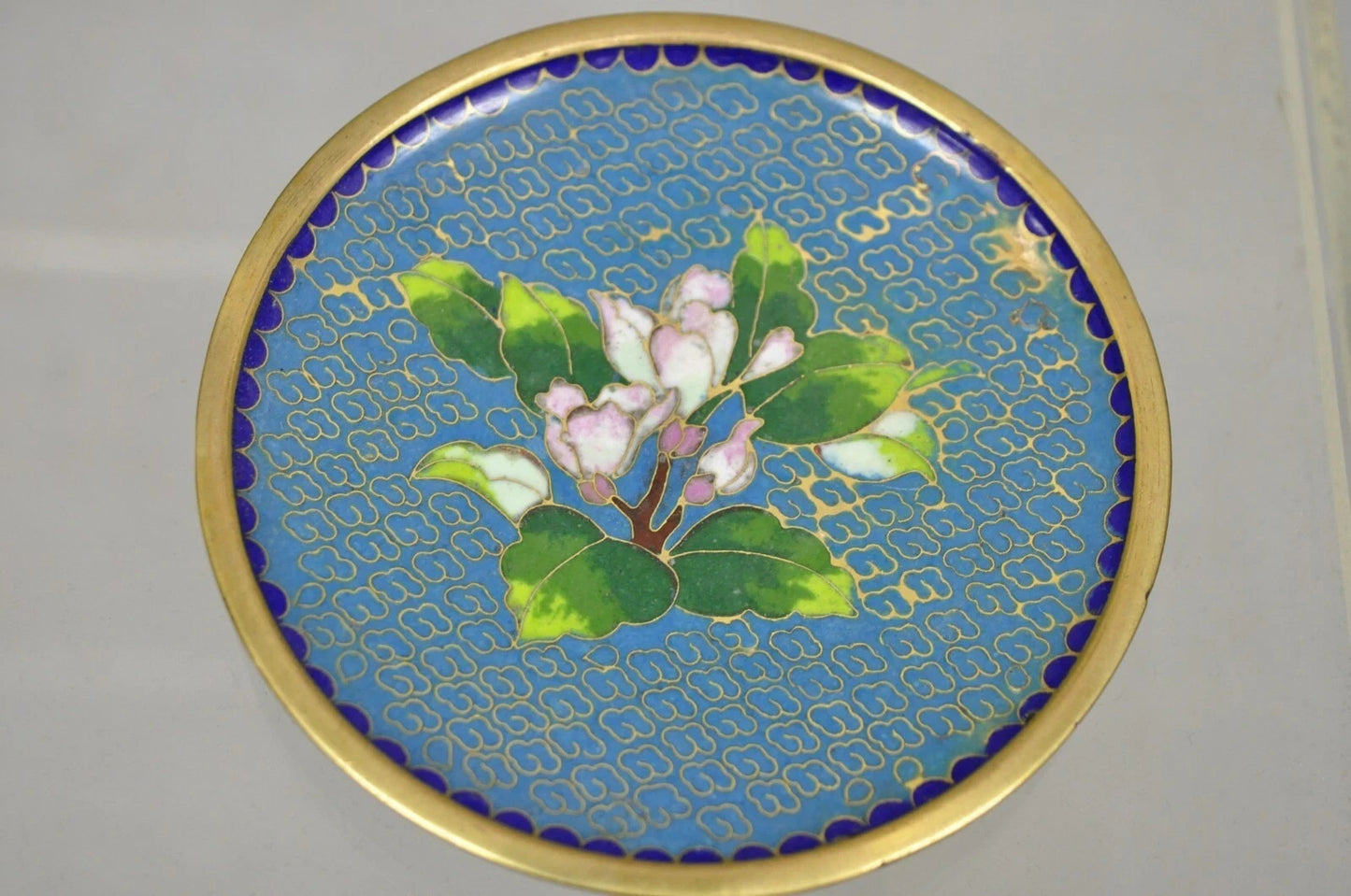 Vintage Brass Enamel Blue & Gold Floral Cloisonne Small Trinket Dish Set - Pair