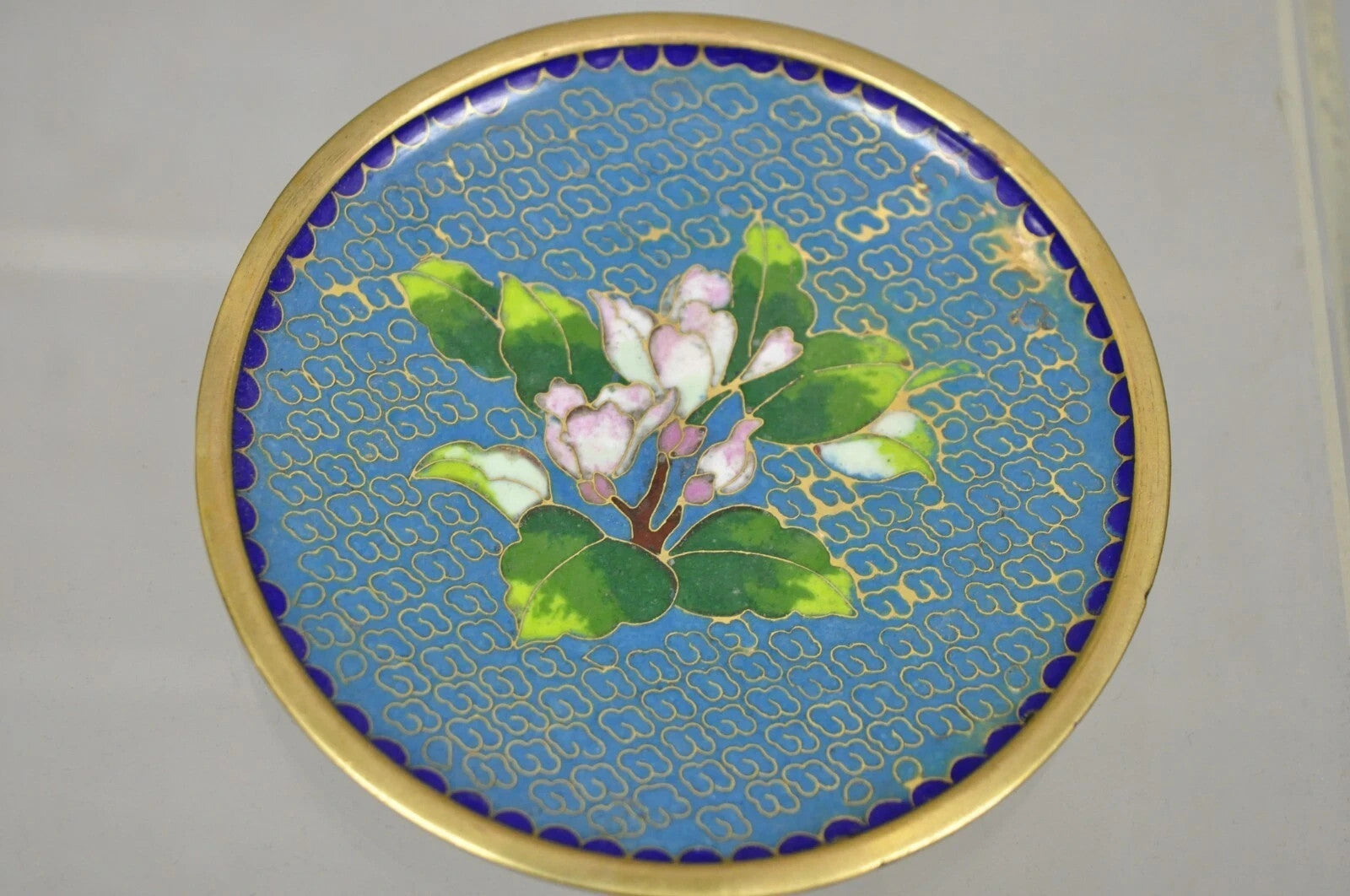 Vintage Brass Enamel Blue & Gold Floral Cloisonne Small Trinket Dish Set - Pair