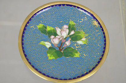 Vintage Brass Enamel Blue & Gold Floral Cloisonne Small Trinket Dish Set - Pair