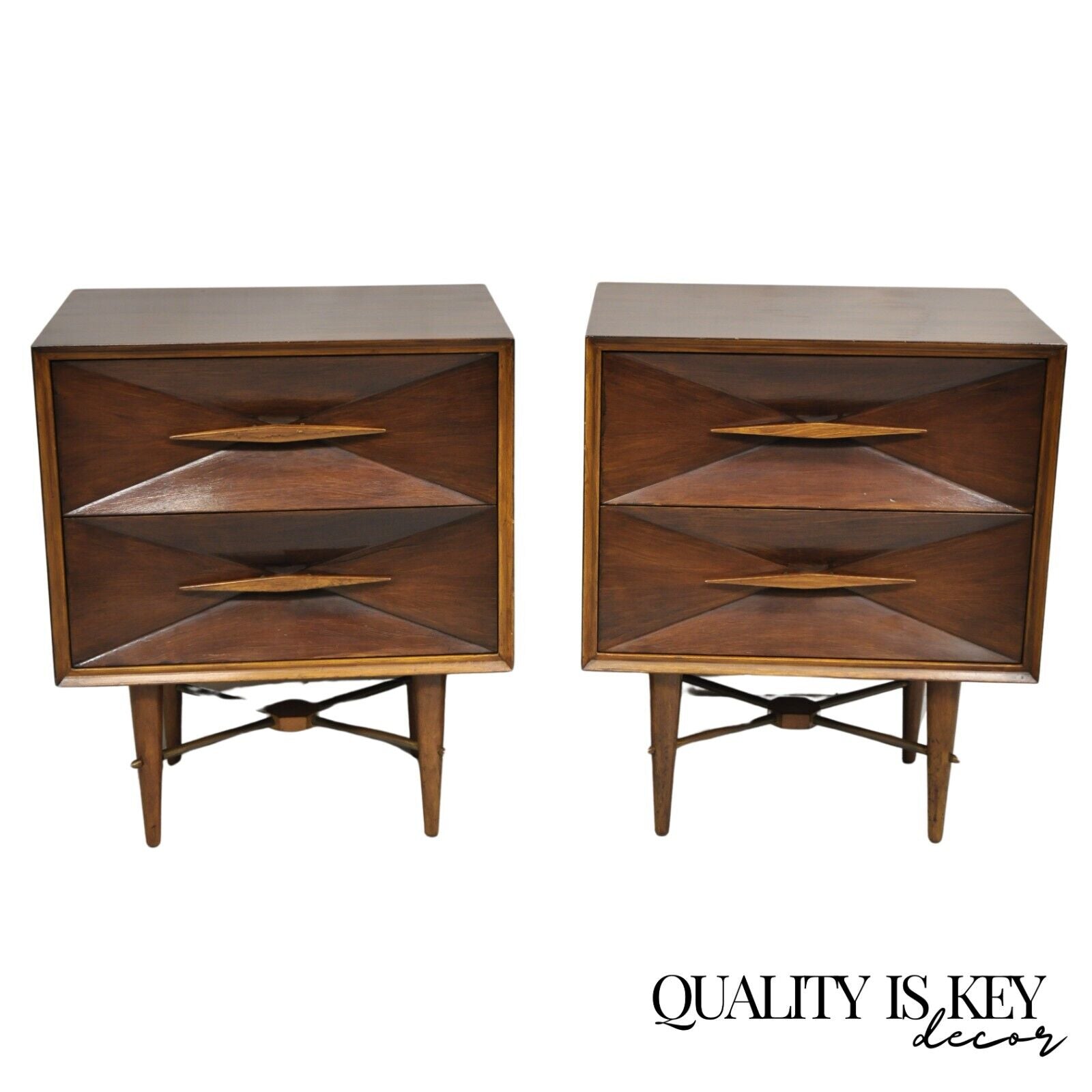 Vintage Mid Century Modern 3D Diamond Facade Walnut Nightstands - a Pair