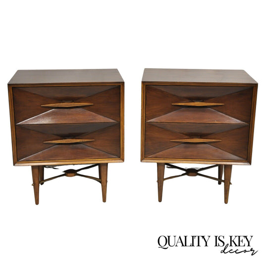 Vintage Mid Century Modern 3D Diamond Facade Walnut Nightstands - a Pair