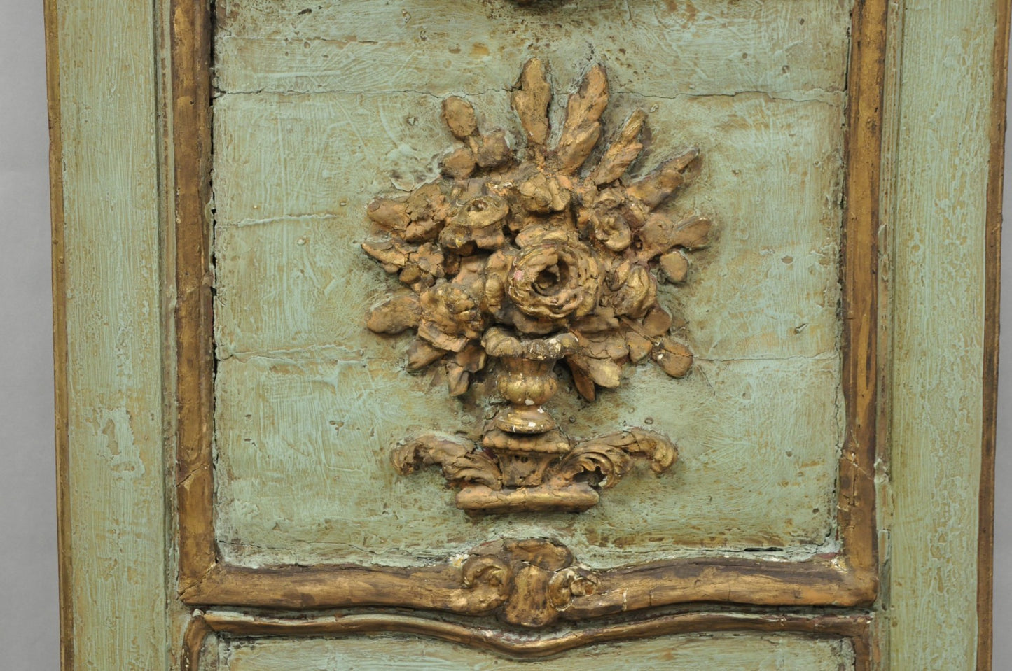 18th C French Louis XV Baroque Style Green Distress Painted Trumeau Wall Mirror