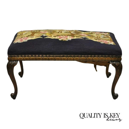 Antique French Victorian Needlepoint Carved Mahogany Cabriole Leg Bench