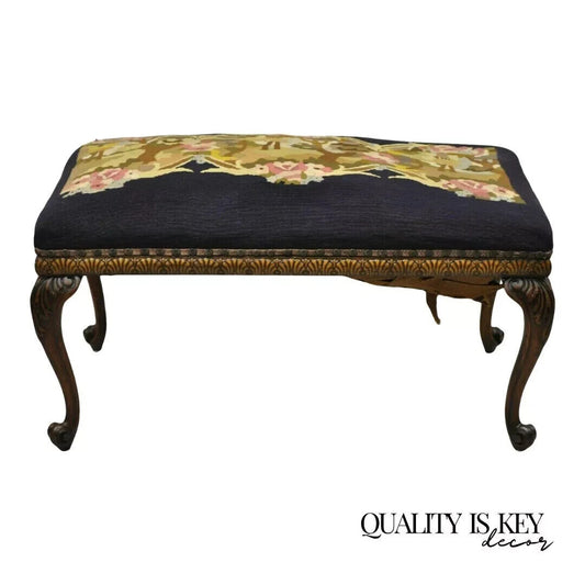 Antique French Victorian Needlepoint Carved Mahogany Cabriole Leg Bench
