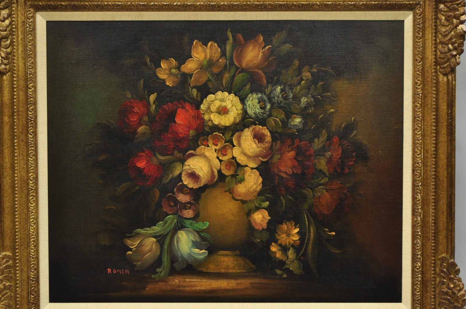 Vintage Victorian Flower Bouquet Still Life Painting Oil on Canvas Signed Romen