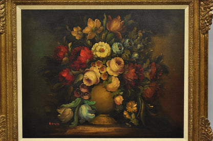 Vintage Victorian Flower Bouquet Still Life Painting Oil on Canvas Signed Romen