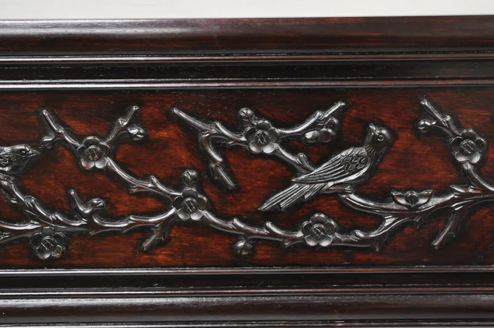 Vintage Chinese Bird Carved Hardwood Mahogany Rectangular Oriental Wall Mirror