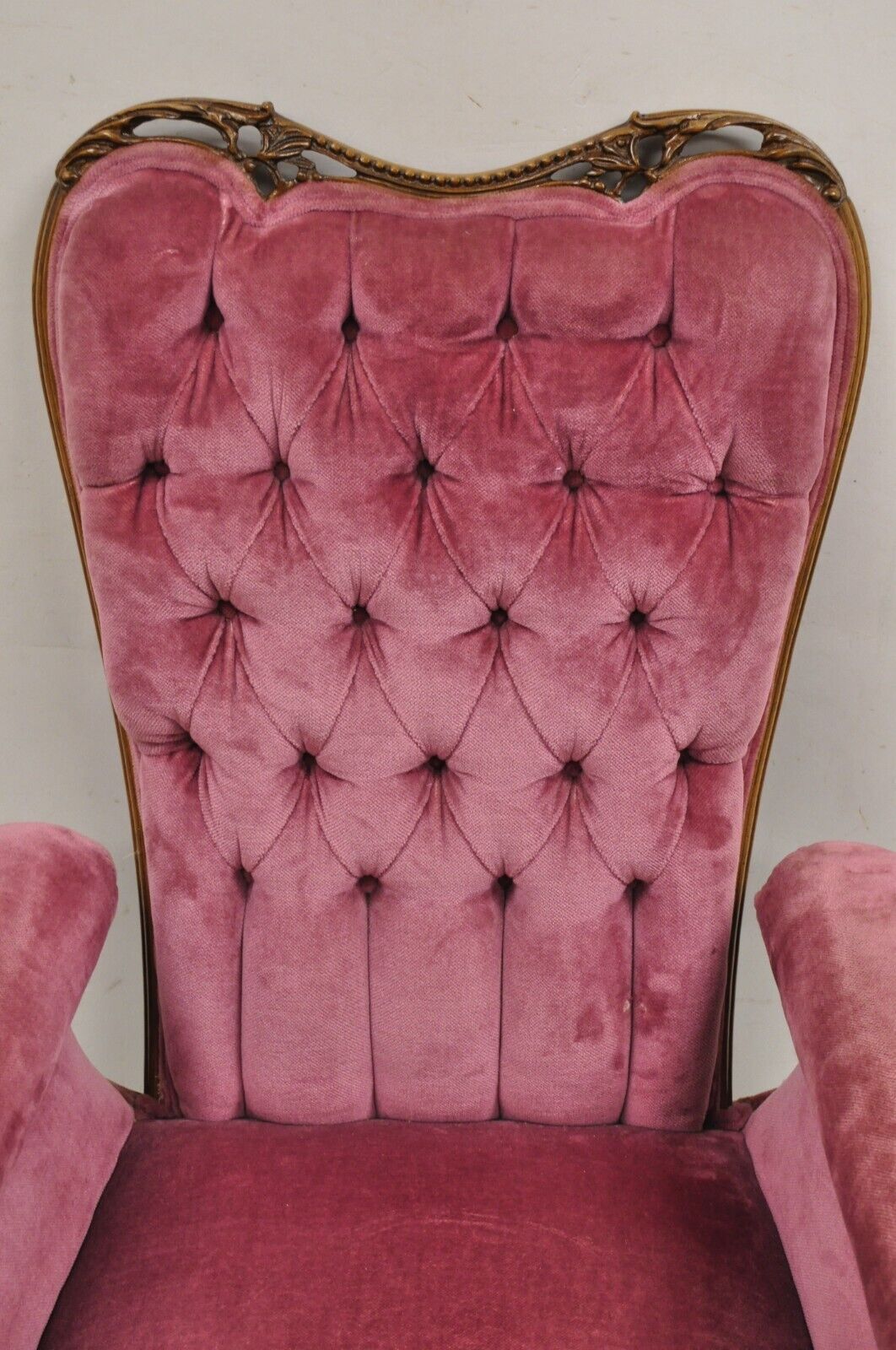 Antique Victorian Pink Tufted Carved Wood Parlor Arm Chair