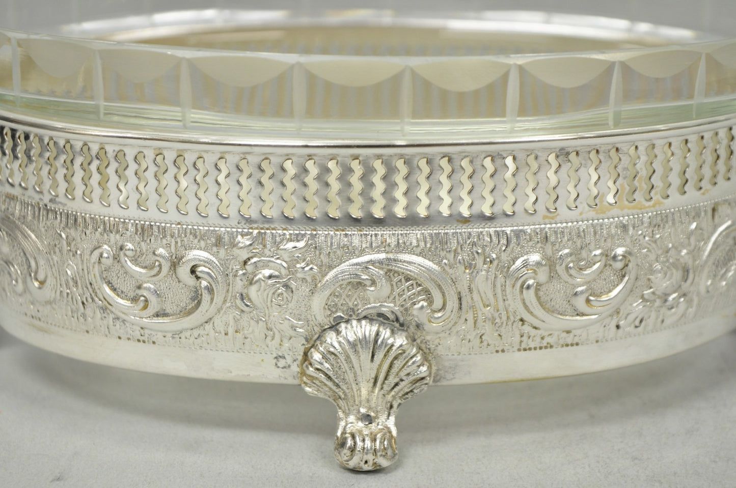 Vintage Italian Regency Silver Plated Dolphin Handle Glass Candy Dish Jardiniere