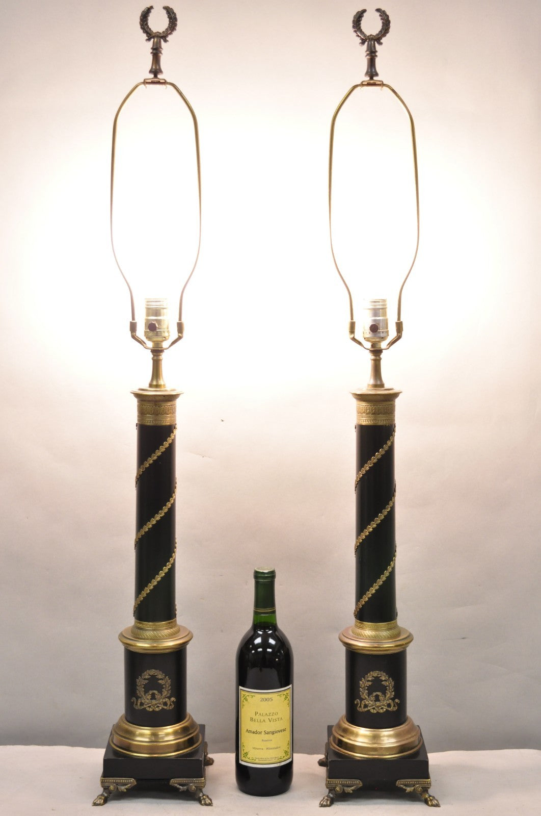 Vintage French Empire Style Black Column Brass Ormolu Bouillotte Table Lamp Pair