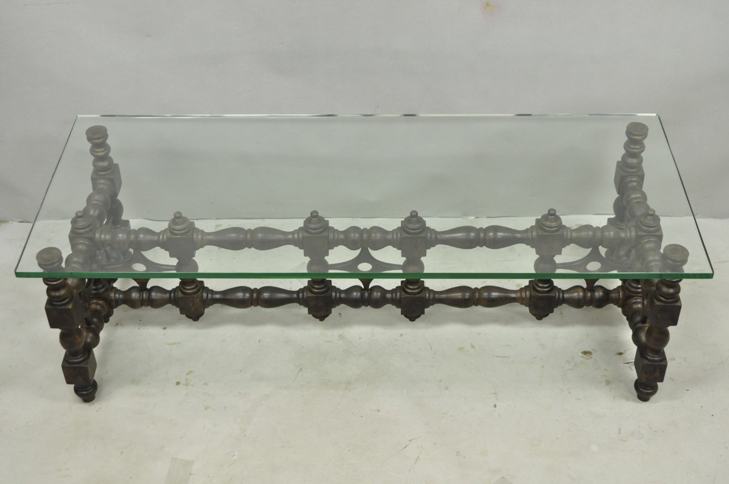 Vintage Gothic Renaissance Wooden Fretwork Rectangular Glass Top Coffee Table
