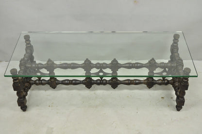 Vintage Gothic Renaissance Wooden Fretwork Rectangular Glass Top Coffee Table