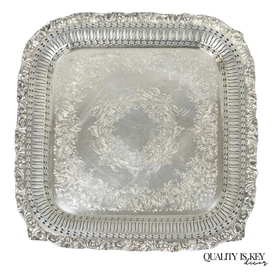 Vintage International Silver Victorian Repousse Pierced Gallery Square Bar Tray