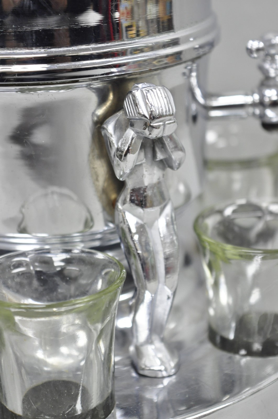 Vintage Art Deco Figural Chrome Metal Barware Samovar Decanter w/ Shot Glasses