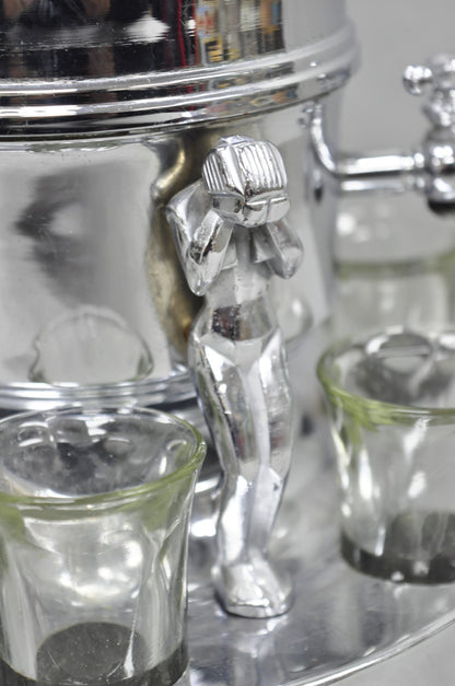 Vintage Art Deco Figural Chrome Metal Barware Samovar Decanter w/ Shot Glasses