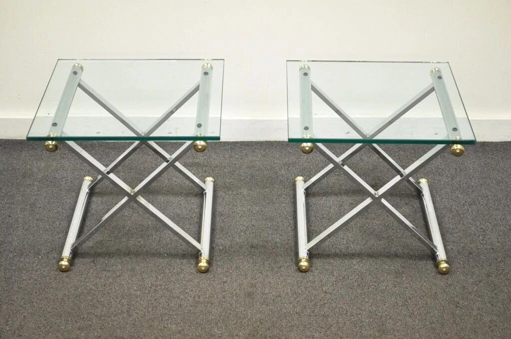 Mid Century Modern Hollywood Regency Chrome Brass Glass X Form Side Table - Pair