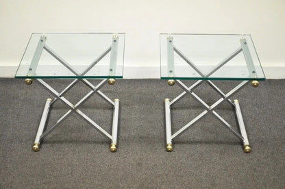 Mid Century Modern Hollywood Regency Chrome Brass Glass X Form Side Table - Pair