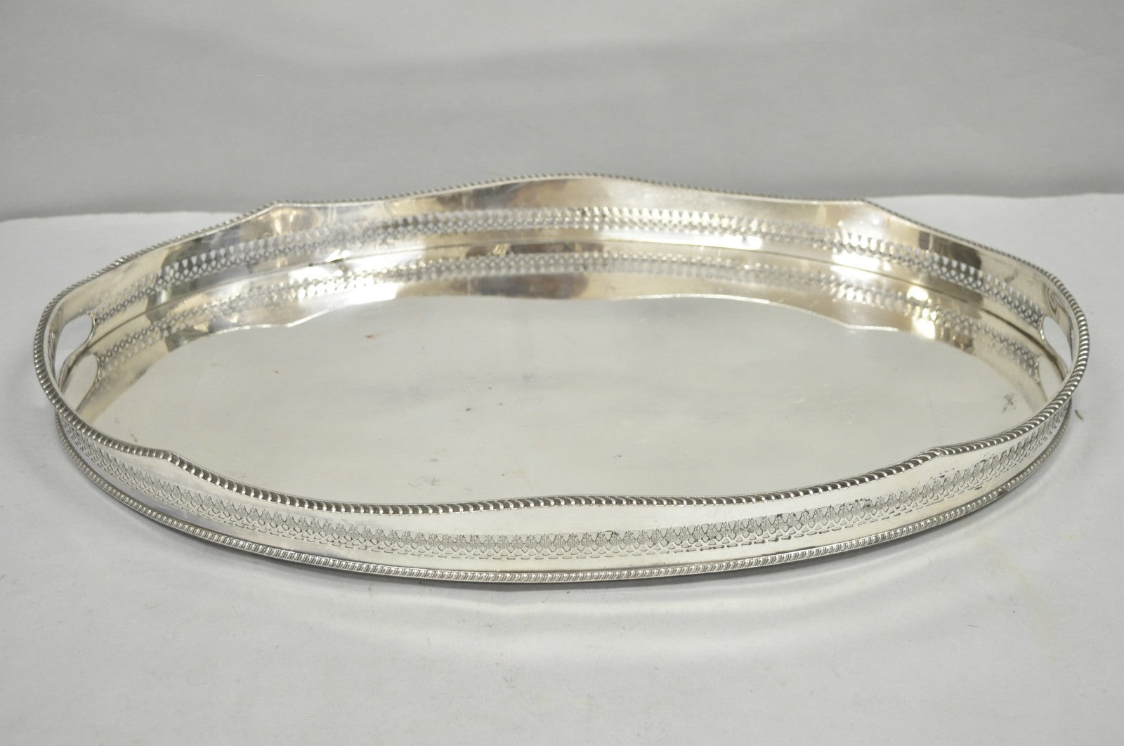 Antique English Edwardian Silver Plated Oval Bar Serving Tray w/ Raised Gallery