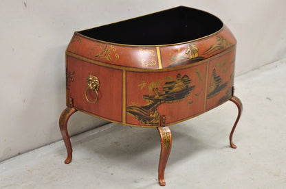 Italian Red Tole Metal Chinoiserie Gilt Decorated Floor Jardiniere Planter Pot