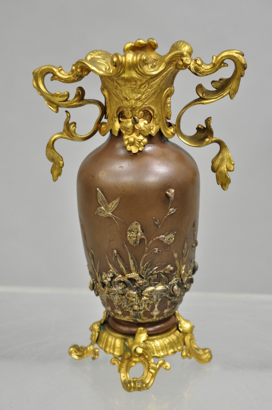 Antique French Art Nouveau Gold Gilt Patinated Bronze Small 9" Flower Vase